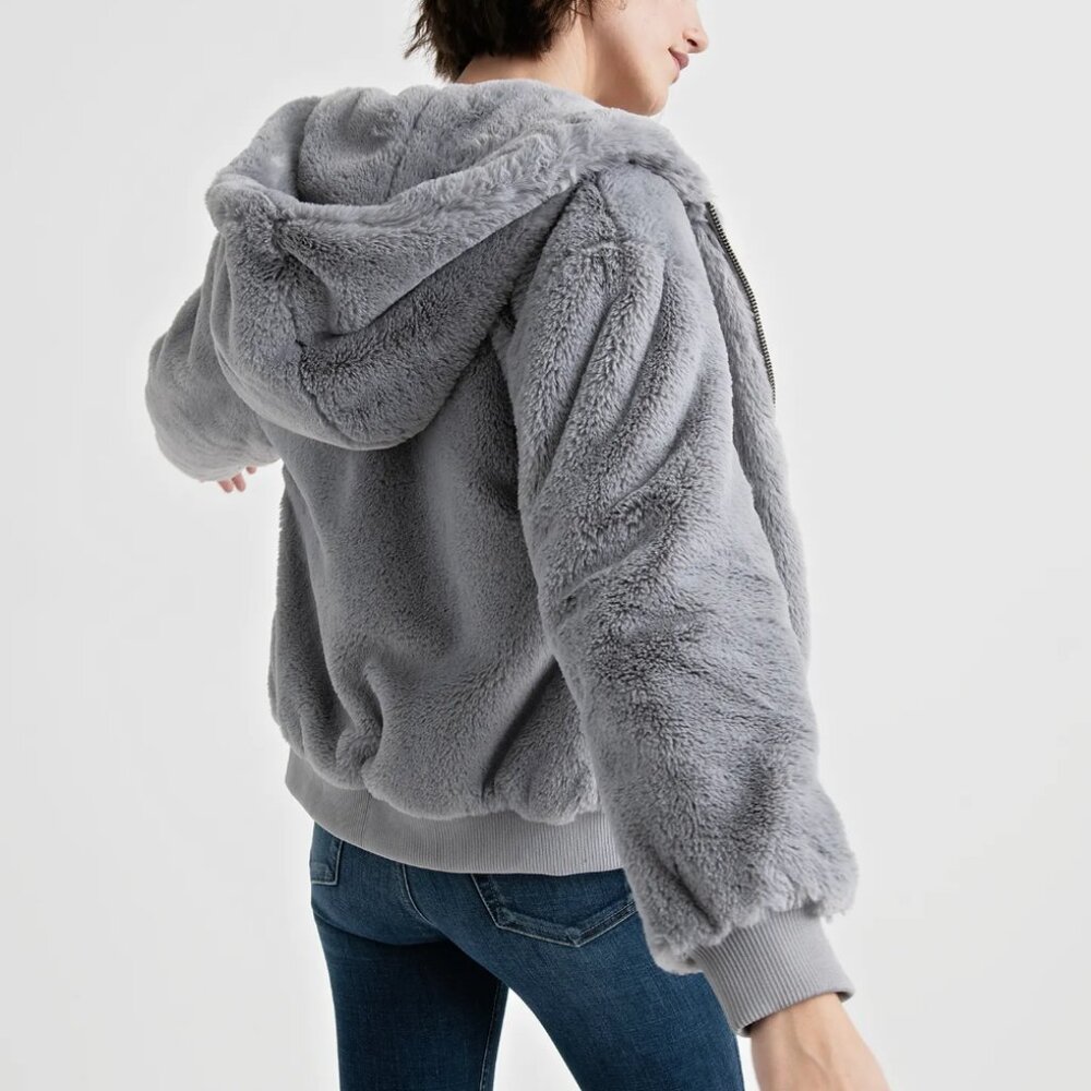 LUCKY BRAND SILKY SOFT HOODED ❄️FAUX FUR❄️ BOMBER JACKET in Dove Grey S
